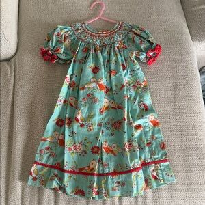 Smocked Floral & Bird Print Kids Dress
